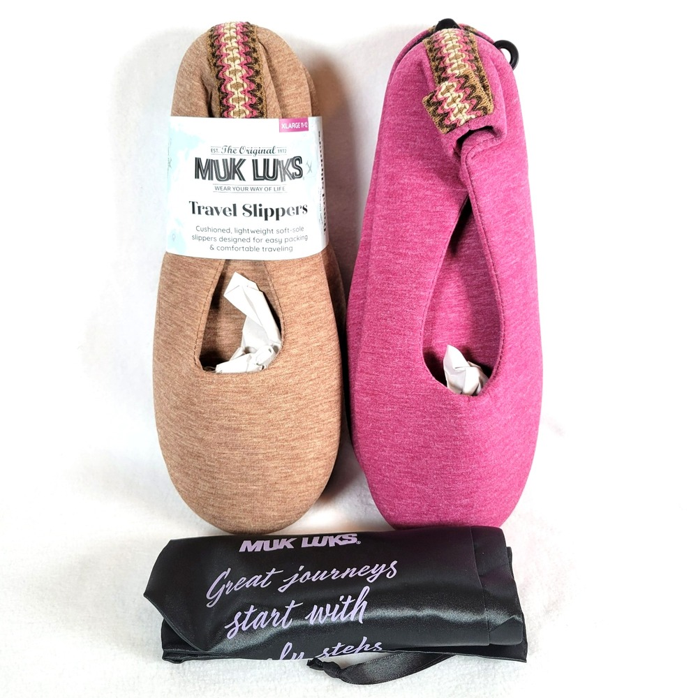 Muk Luks Womens Travel Slippers House Shoes Size XL 11-12 Brown Pink Indoor Cozy